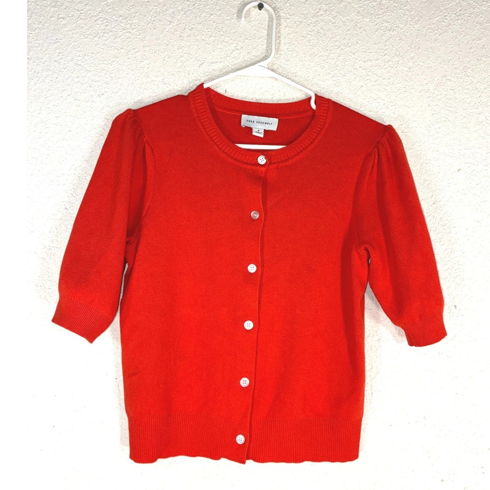 Free Assembly Womens Red Short Sleeve‎ Button Front Cardigan Sweater Size S